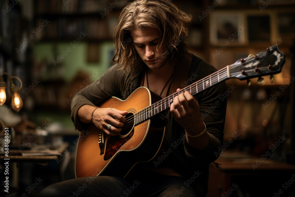 Obraz premium Musician with a Bohemian flair, strumming a vintage guitar, relaxed posture