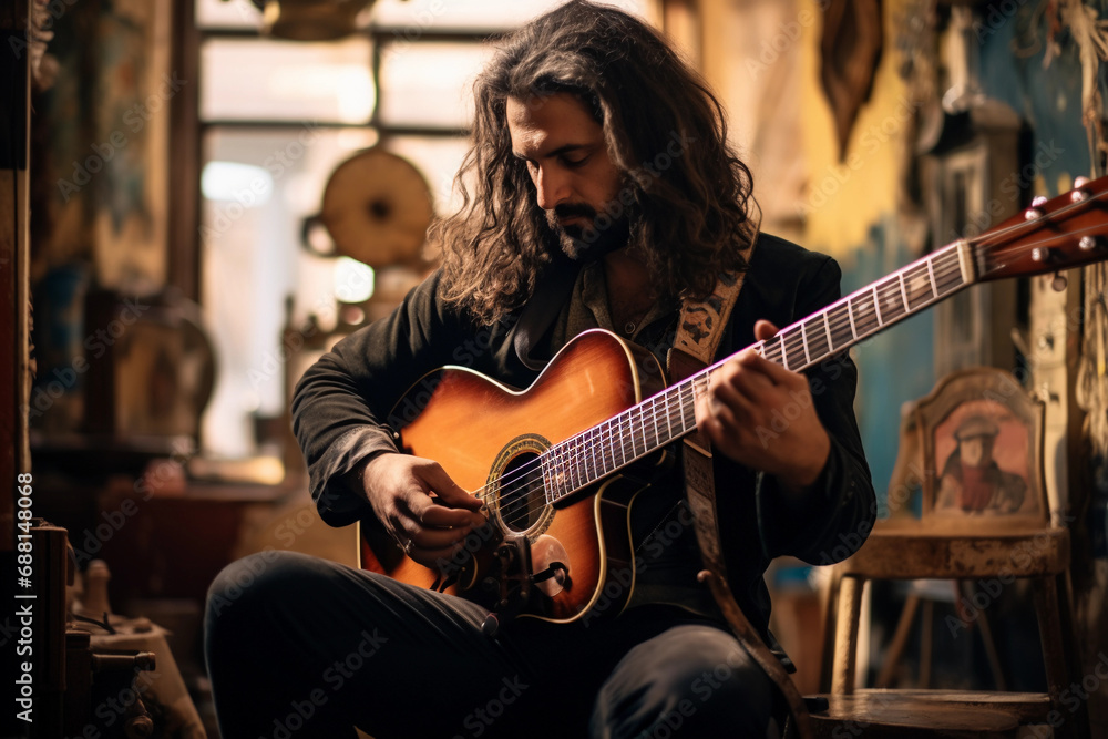 Fototapeta premium Musician with a Bohemian flair, strumming a vintage guitar, relaxed posture