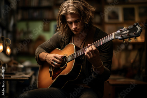 Musician with a Bohemian flair, strumming a vintage guitar, relaxed posture