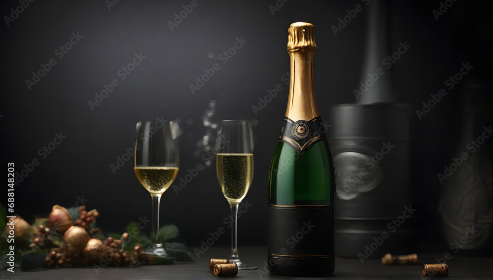 Commercial photography, champagne bottle in the black background with text space