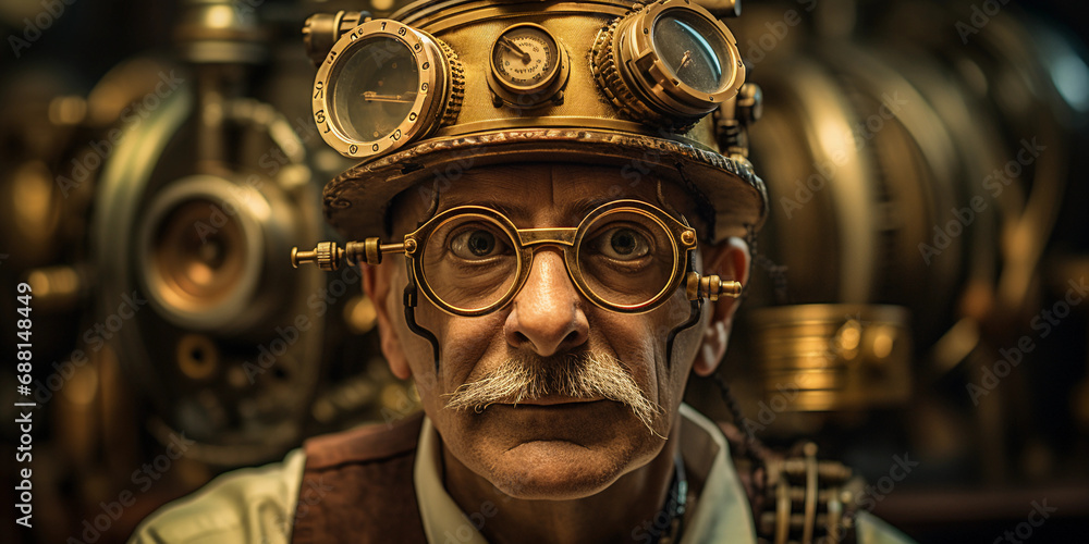 Obraz premium Steampunk inventor portrait, brass goggles atop head, intricate clockwork workshop