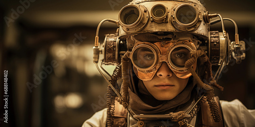 Steampunk inventor portrait, brass goggles atop head, intricate clockwork workshop