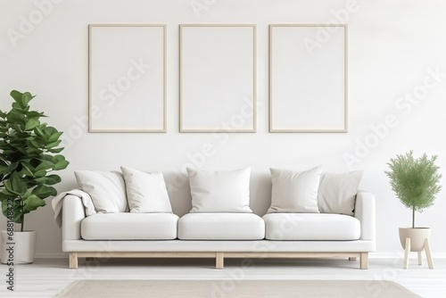White living room with sofa and three empty picture frames on the wall © paffy
