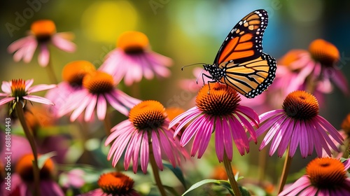 The monarch butterfly is found on coneflowers