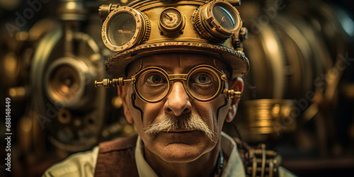 Steampunk inventor portrait, brass goggles atop head, intricate clockwork workshop