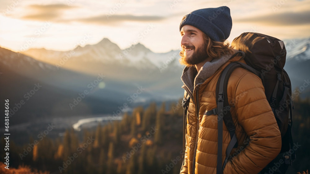 Adventure-seeking hipster portrait, male with a beanie and backpack, overlooking a mountain vista