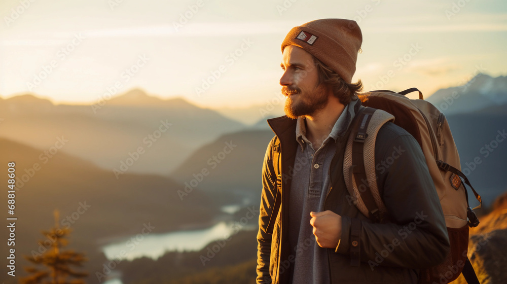 Adventure-seeking hipster portrait, male with a beanie and backpack, overlooking a mountain vista