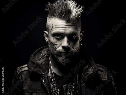 Anarchist punk portrait, darkened room, single spotlight, spiked collar, intense eyes photo