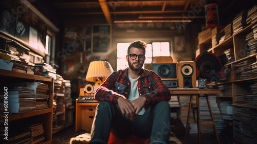 Artistic hipster portrait in a loft, male sitting on a retro chair, plaid shirt and suspenders, surrounded by vinyl record