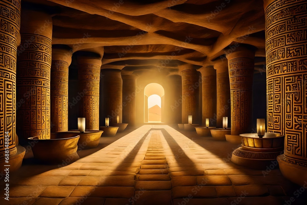 an underground chamber within an Egyptian pyramid, filled with ancient scrolls, mystical symbols, and golden treasures