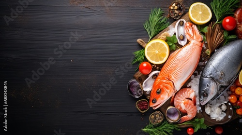 An aquarium background featuring salmon, tuna, caviar, oysters, dorado, fish, and shellfish surrounded by blue wooden panels with a view of the top of the fish.