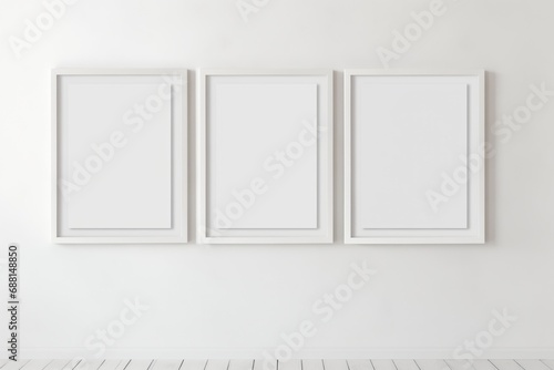 Three empty picture frames on the white wall. Triptych mockup