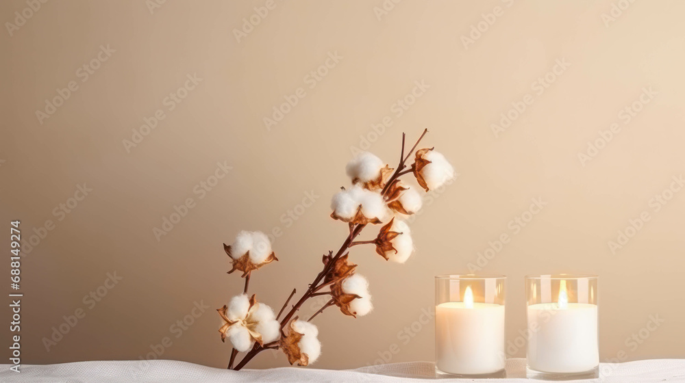 Stylish Table With Cotton Flowers and Aroma Candles Background. Elegant Minimalist Backdrop Stylish Table With Cotton Flowers and Aroma Candles Background. Elegant Minimalist Backdrop