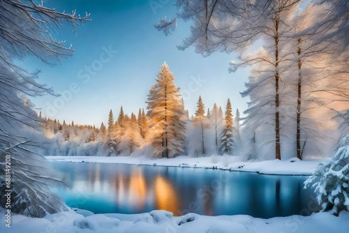 Winter landscape scenery beauty, Landscape scenery vector, a winter wonderland with snow-covered landscapes, towering pine trees, and a frozen lake © malik