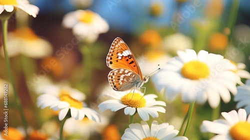 A close-up of a butterfly on a white flower  a colorful urticaria butterfly sitting on chamomile flowers  and a close-up of its mouth.
