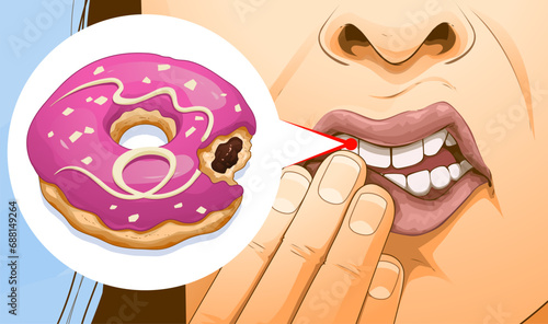 Increased dental sensitivity. Toothache. Sharp pain when eating sugary foods. healthcare illustration, Vector illustration. 