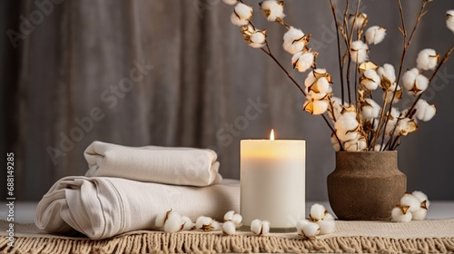Stylish Table With Cotton Flowers  Towel And Aroma Candles Background. Elegant Minimalist Backdrop