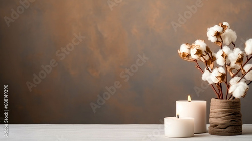 Stylish Table With Cotton Flowers and Aroma Candles Background. Elegant Minimalist Backdrop
