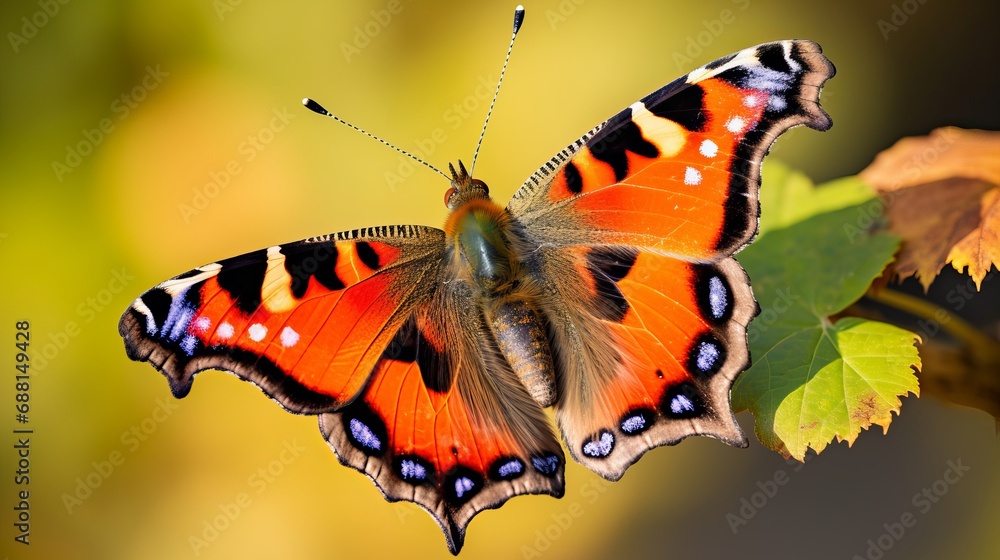A close-up of a tiny tortoiseshell on a leaf. A close-up of a tiny tortoiseshell on a leaf.
