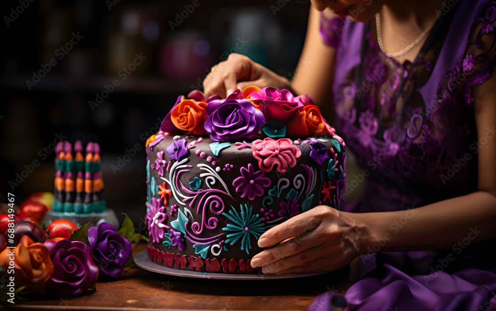 Manos de una mujer latina que está cocinadno un pastel multicolor para cumpleaños 