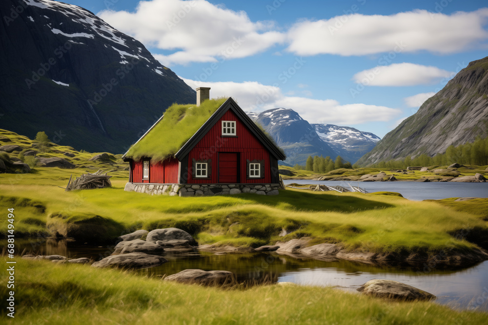 Traditional red wooden house with grass roof on the shore of fjord in Norway