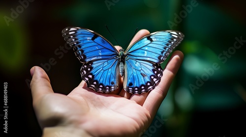 A close-up shot of a butterfly grasping its hand.