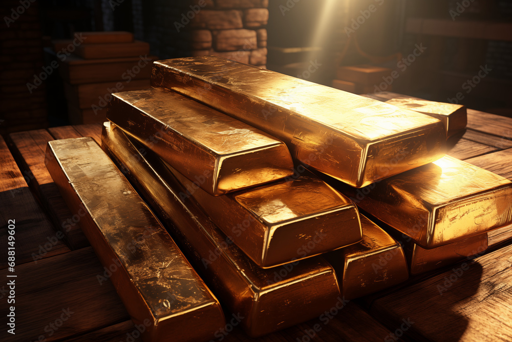 Gold bullion bar on a table. Saving. Gold. Business. Investment. Gold bullion bar on a table. Saving. Gold. Business. Investment.