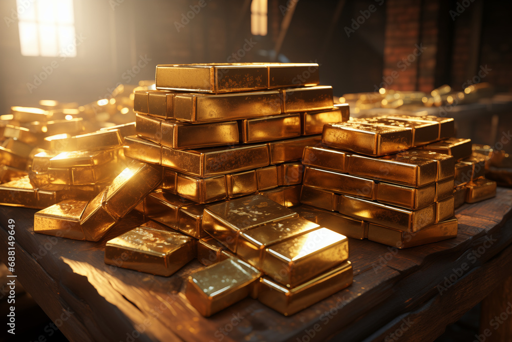 Gold bullion bar on a table. Saving. Gold. Business. Investment. Gold bullion bar on a table. Saving. Gold. Business. Investment.