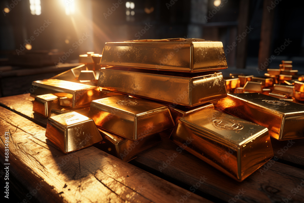 Gold bullion bar on a table. Saving. Gold. Business. Investment. Gold bullion bar on a table. Saving. Gold. Business. Investment.