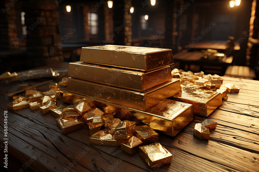 Gold bullion bar on a table. Saving. Gold. Business. Investment.