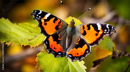 An image of a small tortoiseshell on the surface of a leaf.