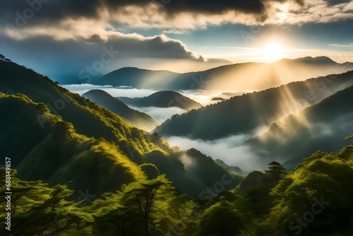 a misty morning at Plateausoni Kougen, the sun breaking through thick clouds, creating dramatic lighting over the rolling hills and lush greenery