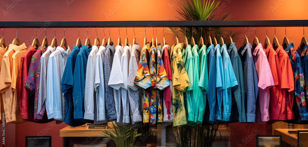 Fashion clothes colorful shirts displayed in shop