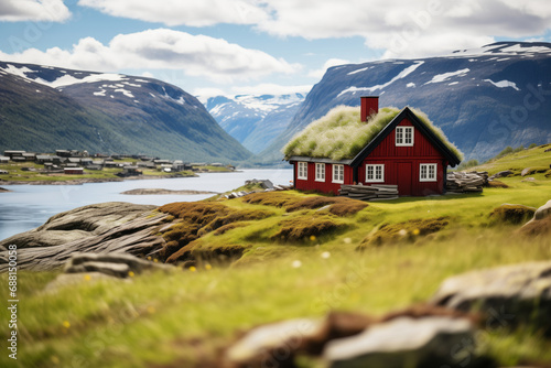 Traditional red wooden house with grass roof on the shore of fjord in Norway photo