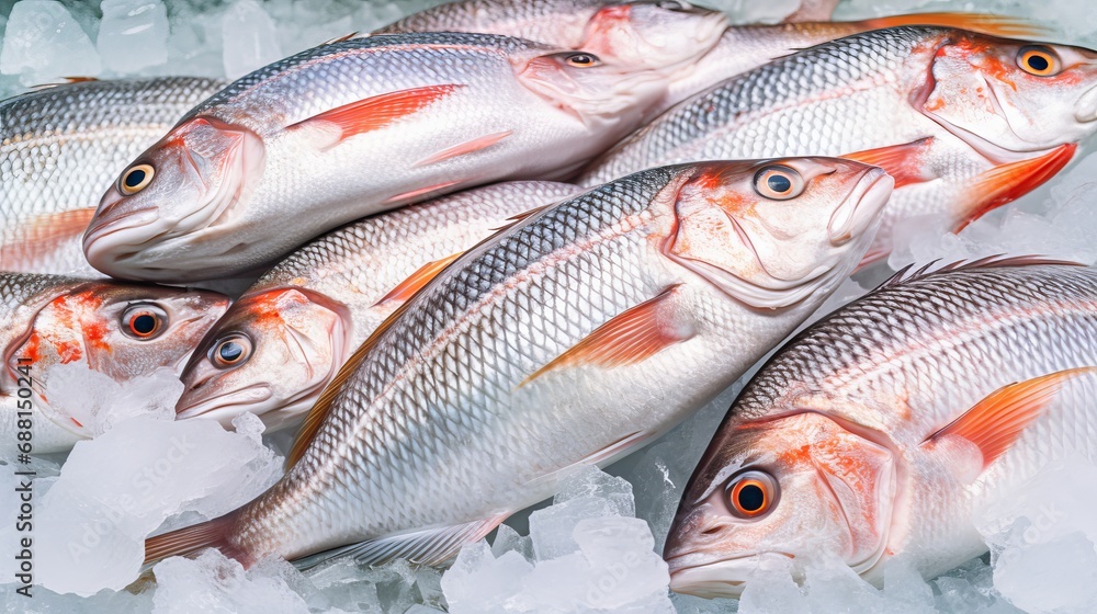 Fresh fish on ice are being displayed at a store shop that sells fresh fish, shrimp, crab, and other seafood. the background shows a top view of the fish. Fresh fish on ice are being displayed at a store shop that sells fresh fish, shrimp, crab, and other seafood. the background shows a top view of the fish.