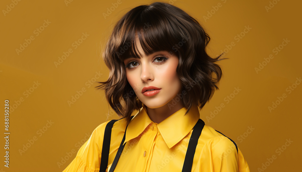Young beautiful woman. Black bob hairstyle. Isolated over yellow background. Young beautiful woman. Black bob hairstyle. Isolated over yellow background.