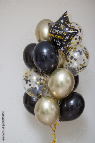 Set of golden black balloons, confetti balloons, birthday balloons, balloon lettering "Happy Birthday"