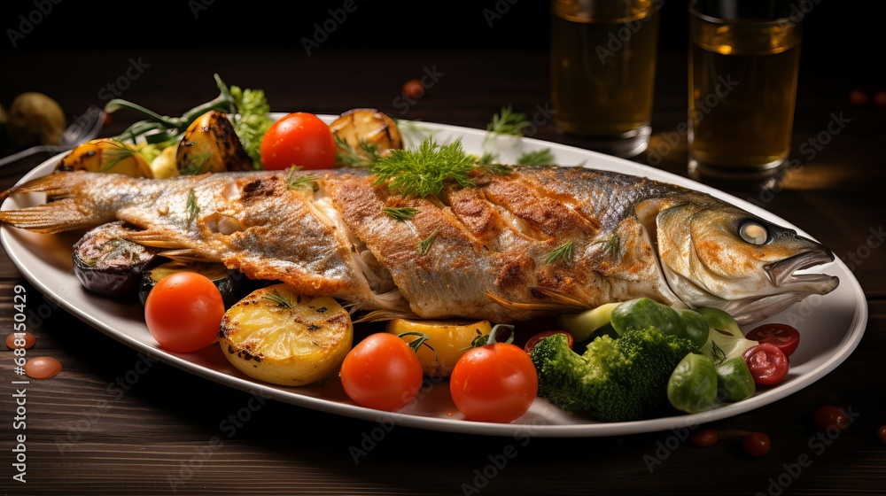 The plate has fried fish and vegetables on it.