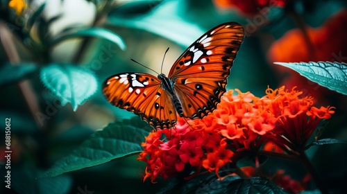 A blurry background is seen in this close-up shot of a butterfly on a beautiful red flower.