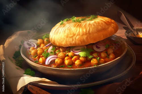 Chole bhature indian hot dish. Fried curry indian onion spicy. Generate Ai photo