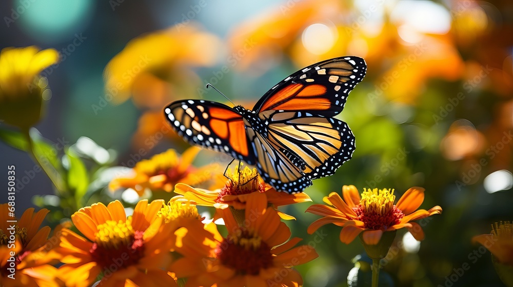 A close-up image of a stunning butterfly on a flower that has orange petals. A close-up image of a stunning butterfly on a flower that has orange petals.