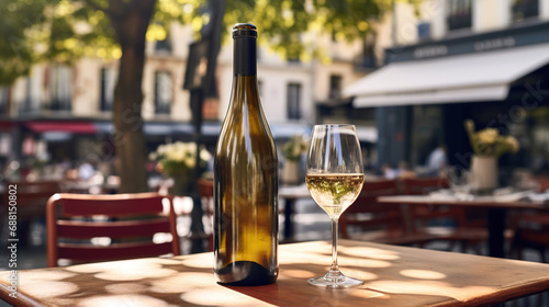 Generative AI, glass of wine and bottle on wooden table with blur background with lights of street bar, cafe, coffee shop or restaurant, wine mock up 
