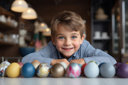 Child and Easter holiday, positive little boy decorating colored Easter eggs in kitchen at home looking at camera