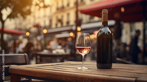 Generative AI, glass of wine and bottle on wooden table with blur background with lights of street bar, cafe, coffee shop or restaurant, wine mock up 