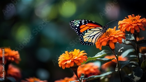 A close-up image of a stunning butterfly on a flower that has orange petals.