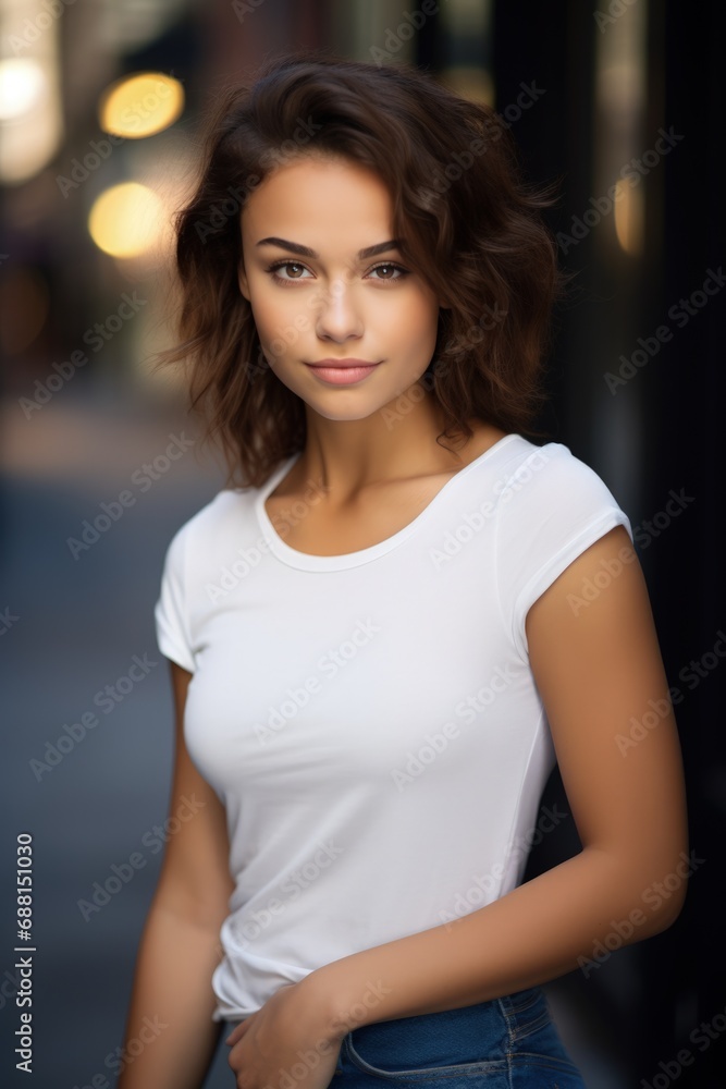 Fototapeta premium stock photo of woman in white t-shirt, product frame, casual