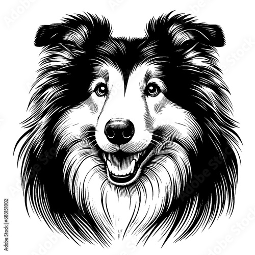 Happy Rough Collie portrait. Hand Drawn Pen and Ink. Vector Isolated in White. Engraving vintage style illustration for print, tattoo, t-shirt, sticker