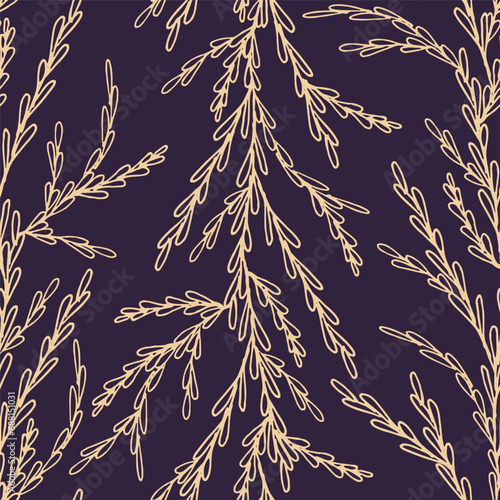 Delicate hand drawn foliage leaves in navy blue pattern. Vector seamless pattern design for textile, fashion, paper, packaging, wrapping and branding