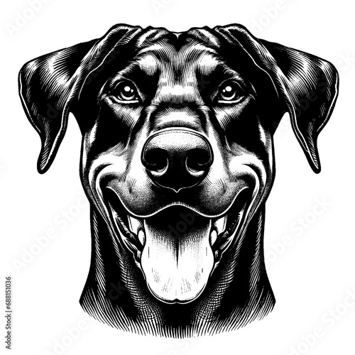 Happy Doberman portrait. Hand Drawn Pen and Ink. Vector Isolated in White. Engraving vintage style illustration for print, tattoo, t-shirt, sticker