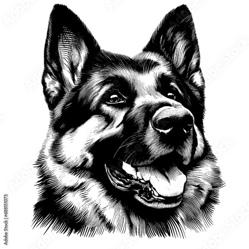 Happy German Shepherd portrait. Hand Drawn Pen and Ink. Vector Isolated in White. Engraving vintage style illustration for print, tattoo, t-shirt, coloring book